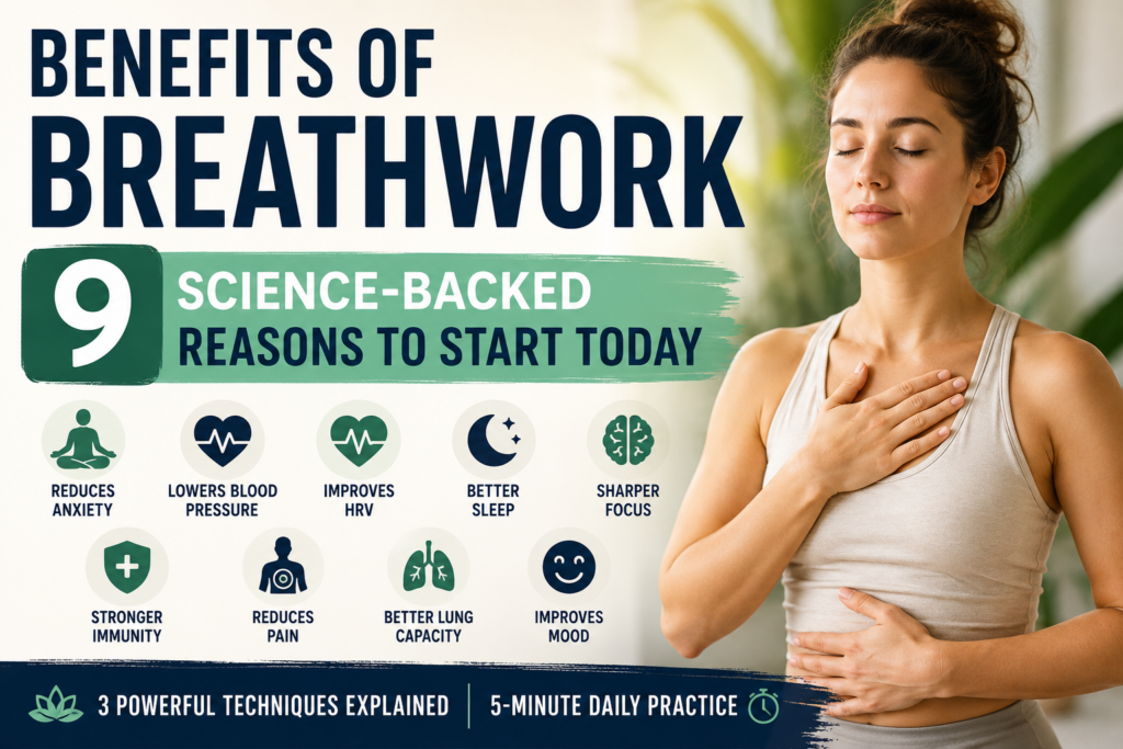Benefits of breathwork including stress relief better sleep and improved focus